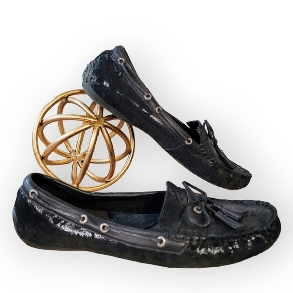 b.o.c. | 11 Black leather slip on loafers driving shoes with tassels shimmery - Picture 1 of 17